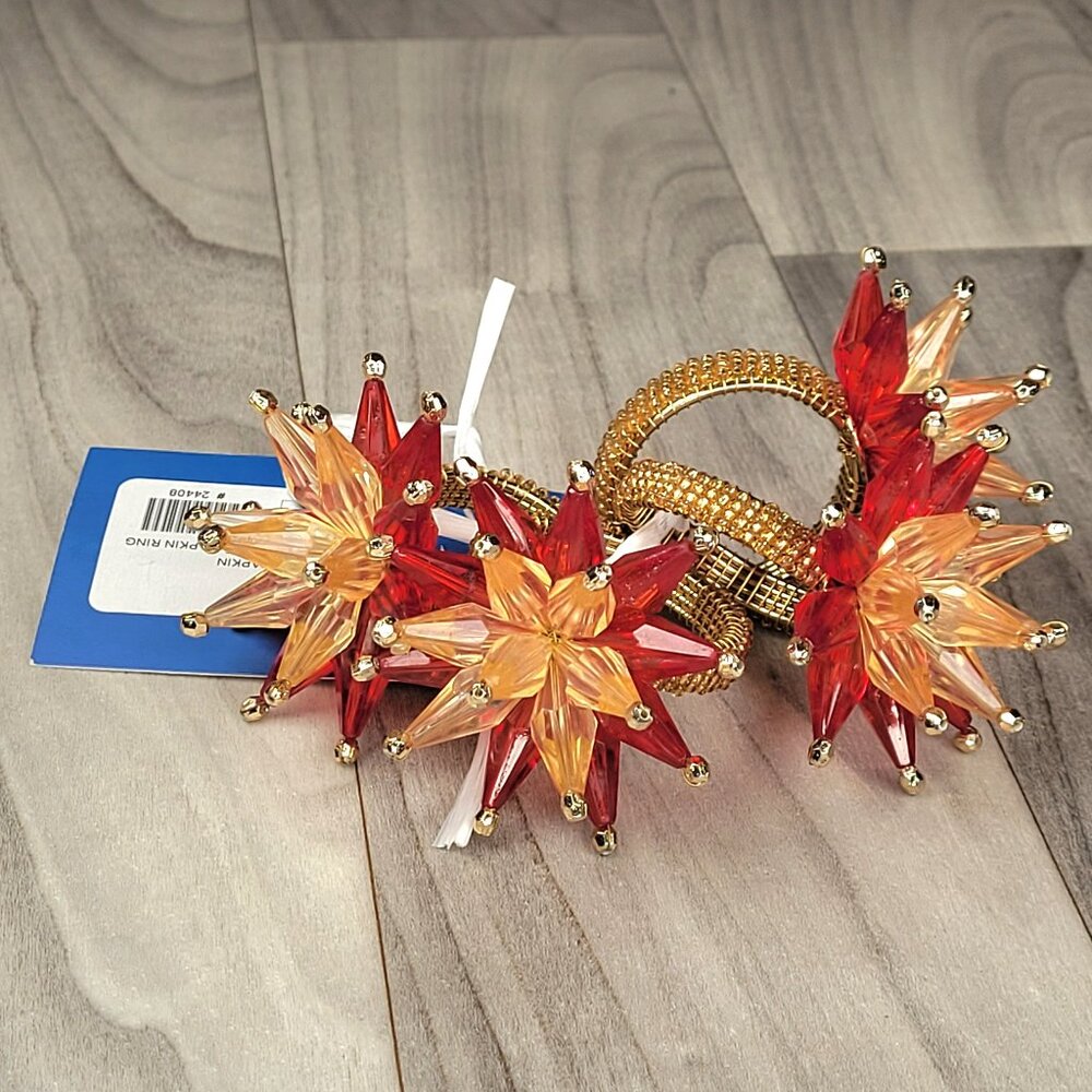 Starburst Star Sun Napkin Rings Holders (Set Of 4) Gold/Red